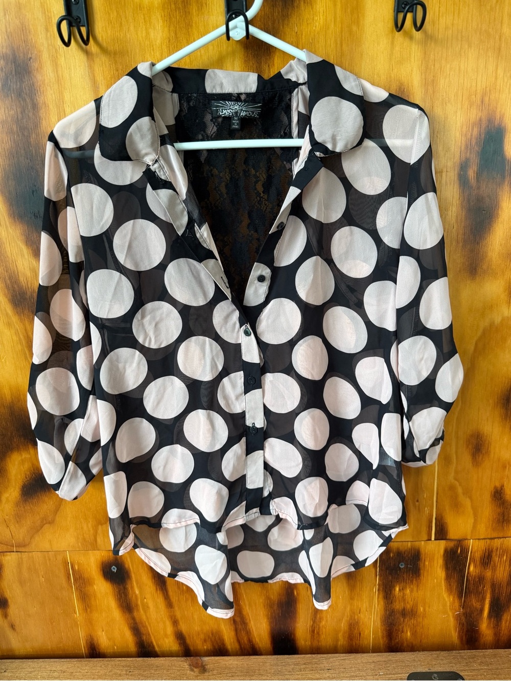 Almost Famous Black Button-Down Blouse with Cream Polka Dots